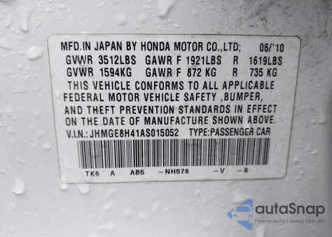 2010 Honda Fit Sport z USA, uszkodzony, nr VIN JHMGE8H41AS015052